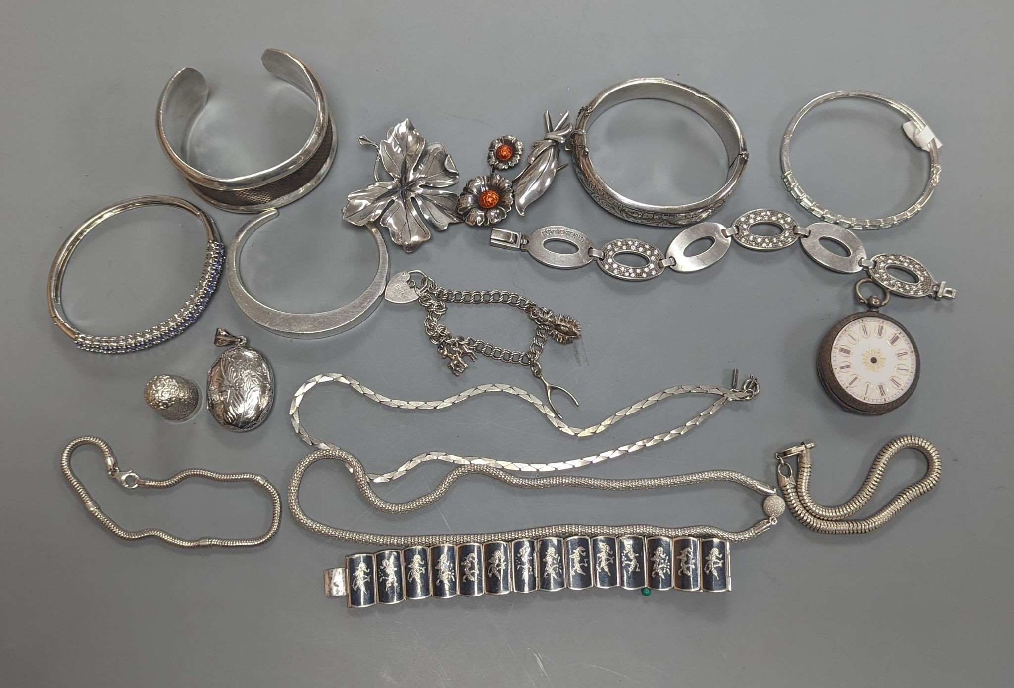 A quantity of assorted jewellery etc. including Danish sterling bangle and leaf brooch, a white meta and niello bracelet and a 925 and enamel flower brooch.